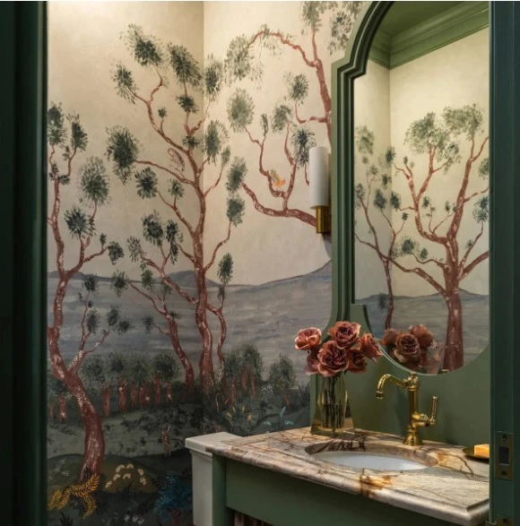 Smooth nonwoven printed wallcovering in a commercial interior